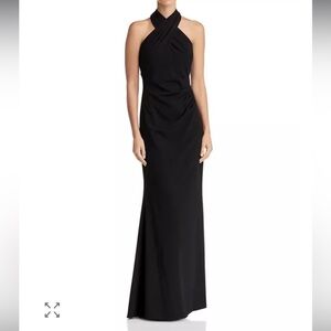 Eliza J Black Criss Cross Side Pleat Halter Gown Maxi Dress Size 8 NWT